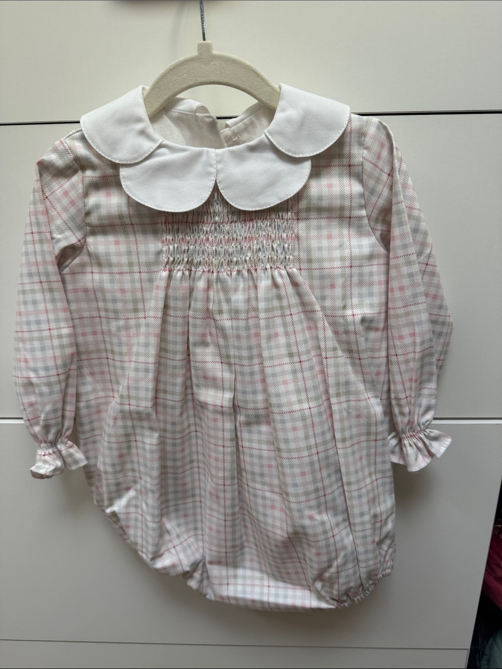 Classic Plaid Baby One-Piece with Peter Pan Collar - White & Pink